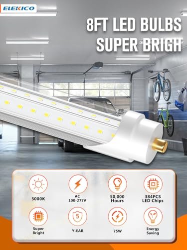 ELEKICO Super Bright 8' 75W 9500LM 5000K 8FT Led Bulbs for Garage Shop Barn